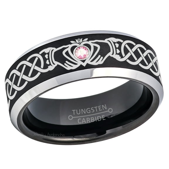 Claddagh Tungsten Ring - 2-Tone Mens Beveled Tungsten Carbide Wedding Band - 0.07ct Pink Tourmaline Tungsten Ring - Personalized Tungsten Wedding Ring - Custom Made Birthstone Ring TN667CLDs7