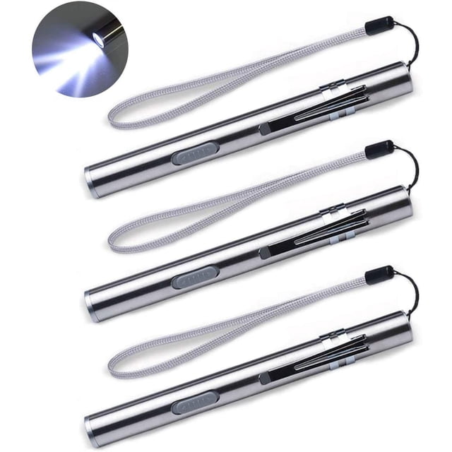Paquete de 3 mini linterna LED recargable por USB, linterna resistente al agua de acero inoxidable con clip + cable USB para mecánico, enfermera, médico
