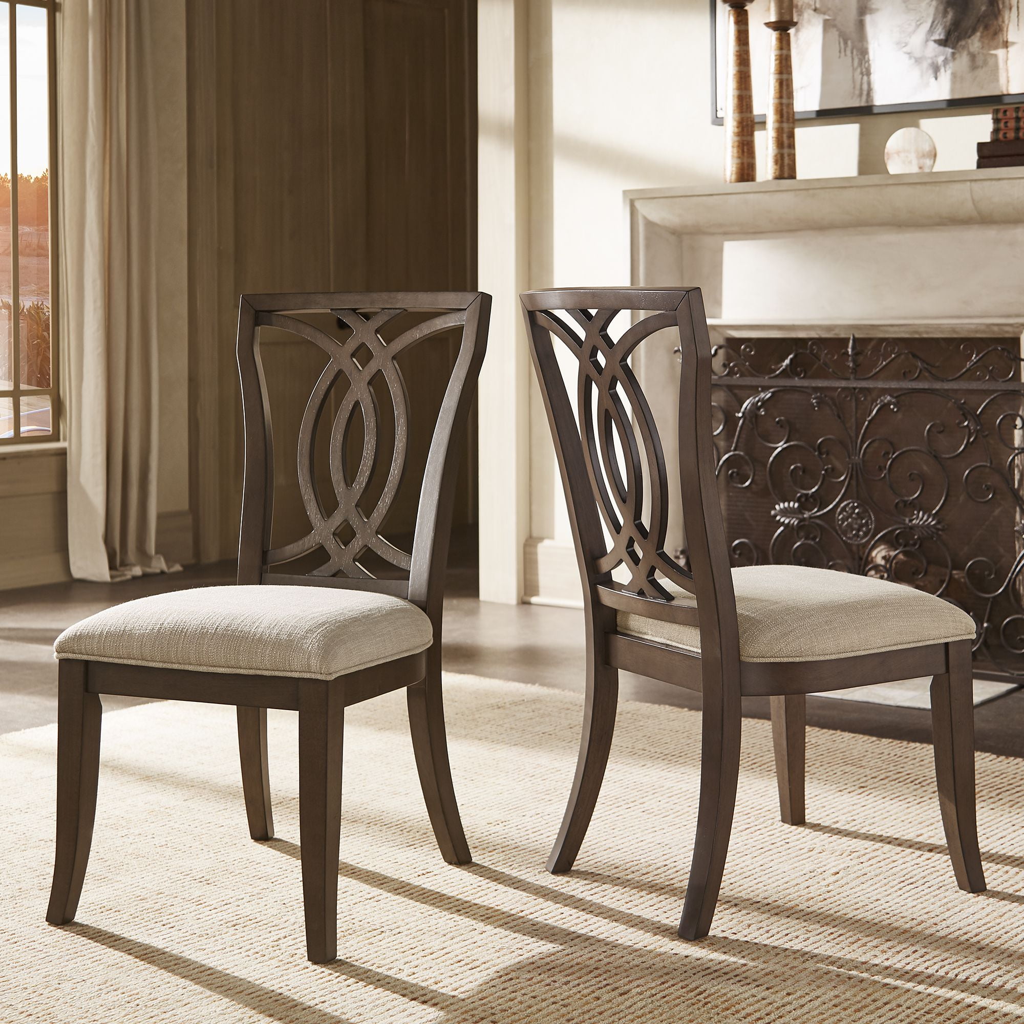 Weston Home Rococo Wood Upholstered Dining Chairs Set Of 2 Beige Fabric Dark Walnut Finish Side Chair Walmart Com