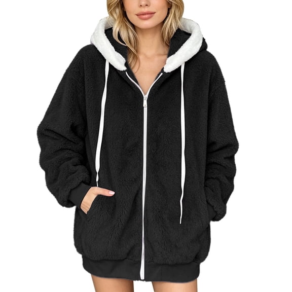 Vinsonshop Womens Fuzzy Sherpa Fleece Jacket Zip Up Oversized Winter Warm Sweatshirt Hoodies 2026 Black L