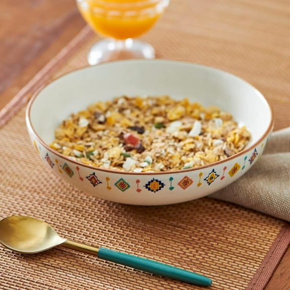 Chumbak Farmhouse Ceramic Pasta Bowl, Rustic Ikat & Floral