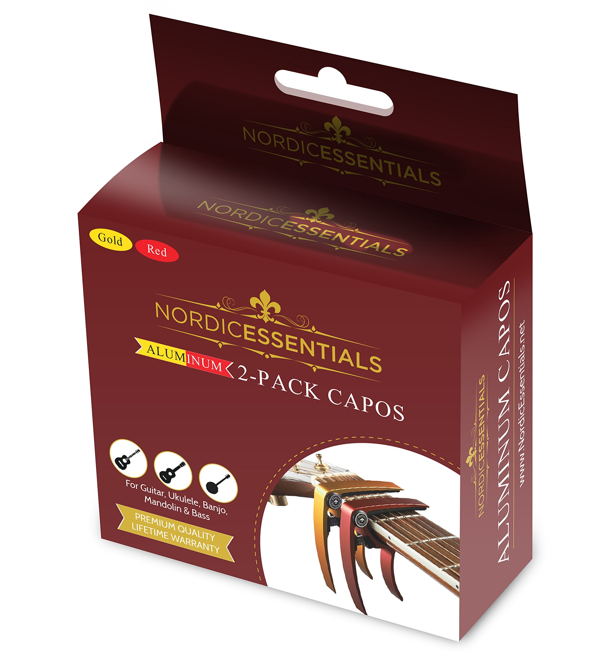 Guitar Capo (2 Pack) for Acoustic Guitars, Ukulele, Banjo, Mandolin, Bass - Made of Ultra Lightweight Aluminum Metal (1.2 oz!) for 6 & 12 String Instruments - Nordic Essentials (Red + Gold)