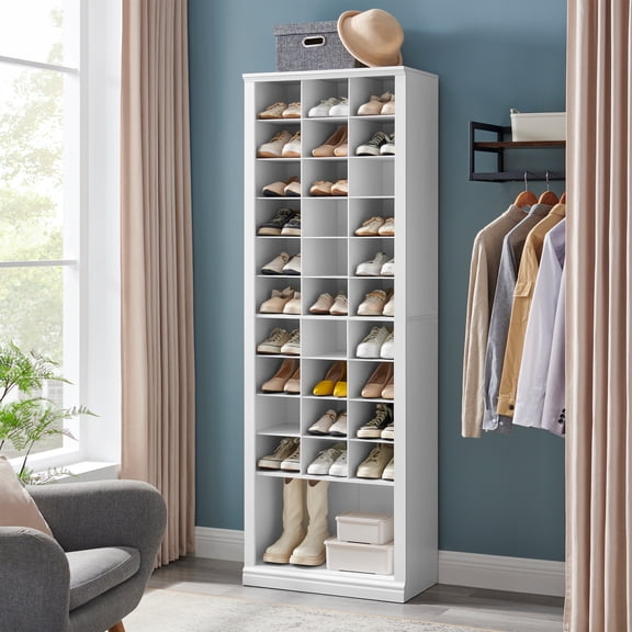 Hzuaneri 11-Tier Shoe Storage Cabinet, Wooden Shoe Rack with 30 Cubbies, Tall Freestanding Shoe Organizer for 30-33 Pairs, Easy Assembly Shoe Cabinet for Closet, Entryway, Living Room, White