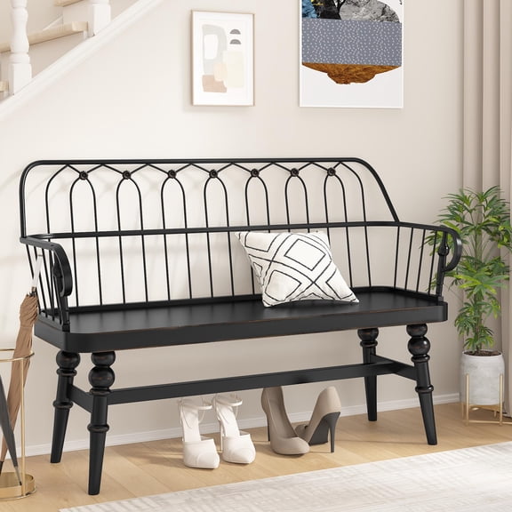 Black Spindle Wooden Farmhouse Entryway Bench for Living Room Mudroom