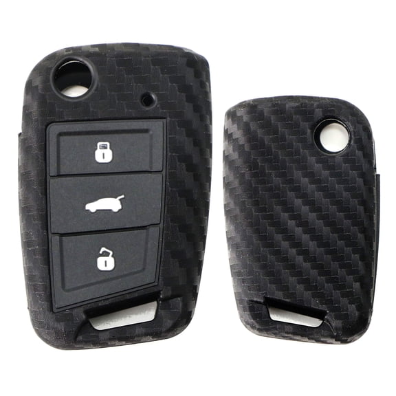 Carbon Fiber Pattern Soft Silicone Key Fob Cover For Volkswagen: 2015-2020 MK7 Golf GTI 3-Button Switchblade Flip Blade Key ONLY (Black Twill Weave)