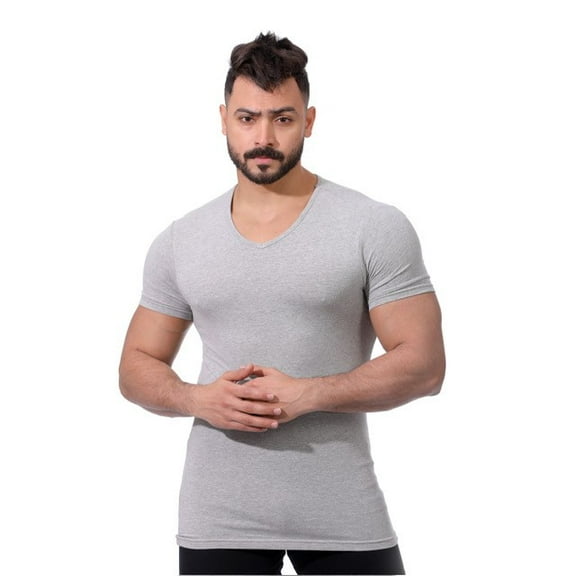 MEN'S T-SHIRTS 3 PER PACK FINEST EGYPTIAN COTTON V NECK HALF SLEEVES GRAY CHARMING BREATHABLE STRETCHY SIZE MEDIUM