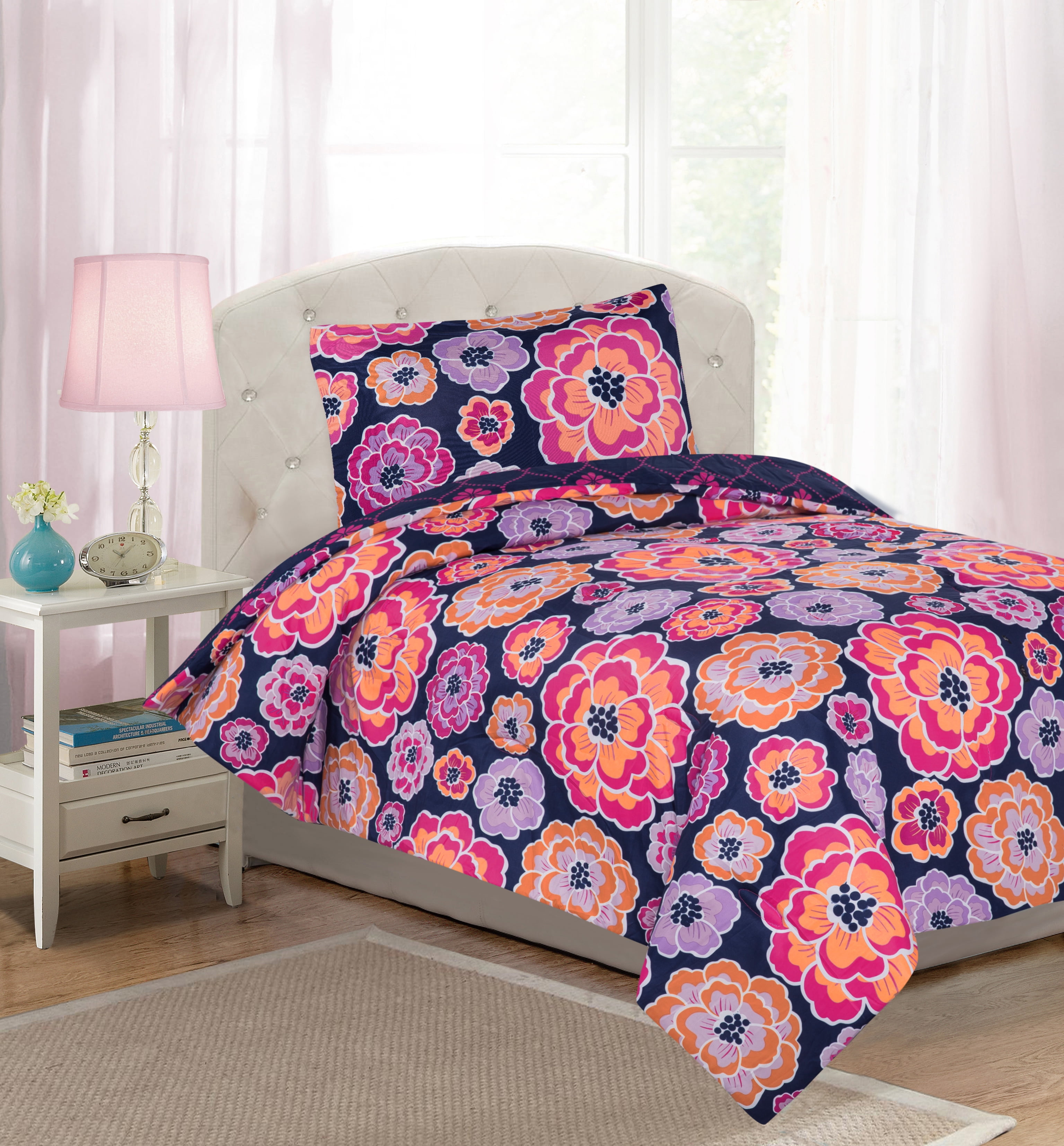 Details about   Twin Full Bed Bag Pink Navy Blue Green Floral Love Geometric 9 pc Comforter Set 