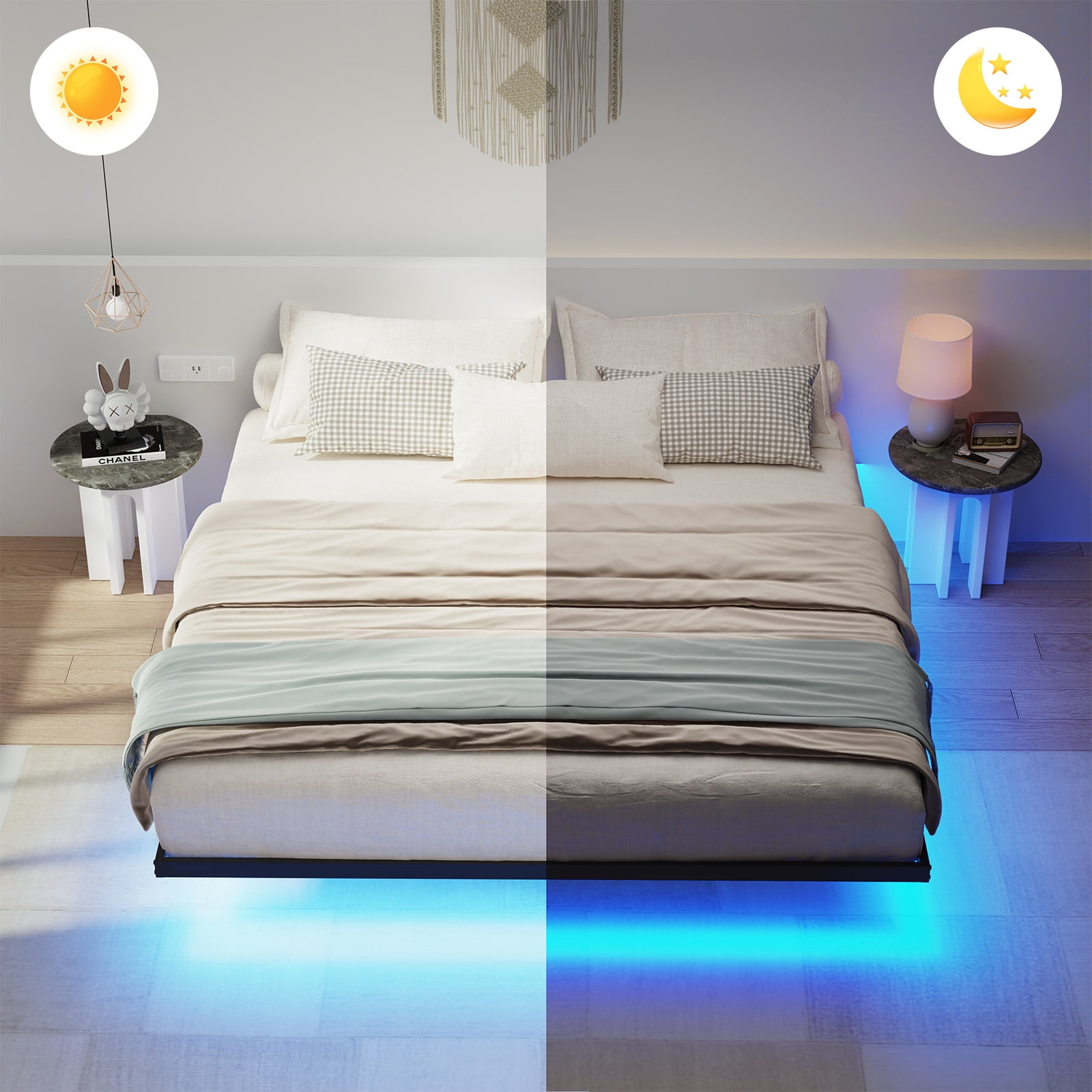 Lusimo King Size Floating Bed Frame with LED Lights Bed Storage Metal Platform Bed Frames with Steel Slat Support Anti-Slip Easy Assembly, Black