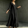 thumbnail image 4 of Women's V Neck Flowy Midi Dress, 3/4 Bell Sleeve Ruffle Hem Loose Casual Dress with Side Pockets, Boho Vacation Dress for Beach Daily Outfits Black L(L), 4 of 9