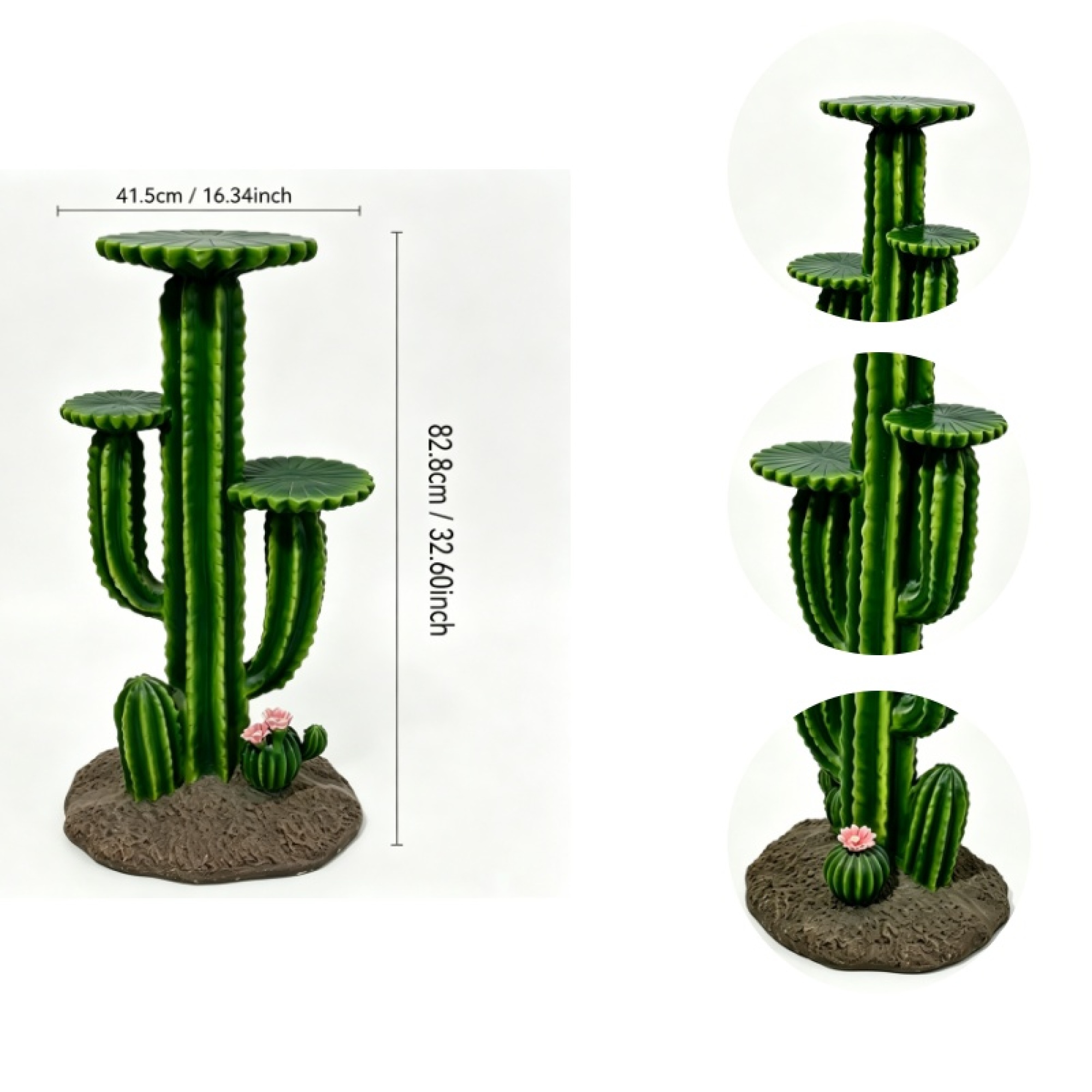 Leumius 32" Resin Saguaro Cactus Plant Stand with 3 Display Shelves, Large Multi-Tier Cactus Sculpture Flower Pot Holder, Weatherproof Outdoor Garden Decor for Patio Yard Lawn