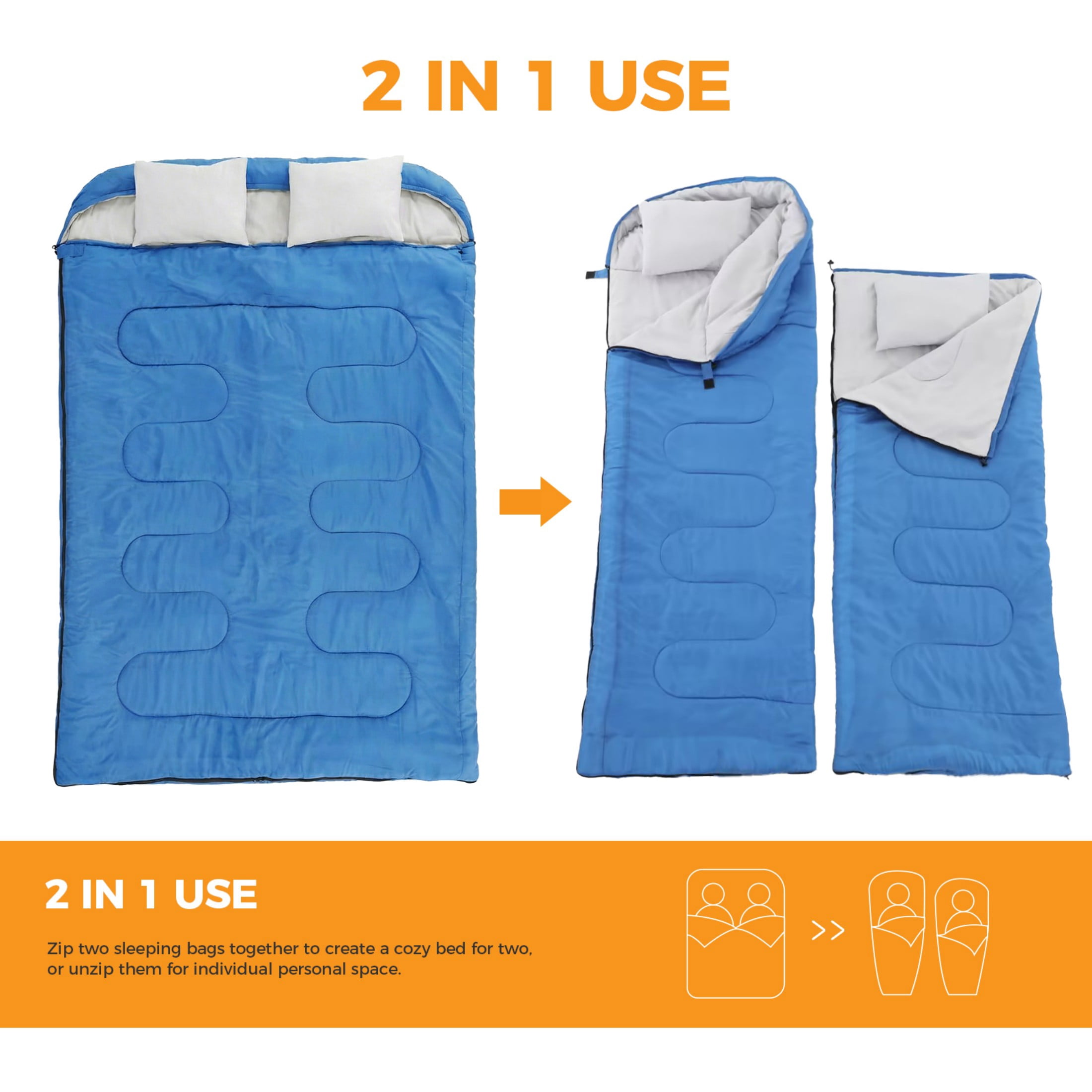 SHOUFTW Double Sleeping Bag for Adults, Lightweight Waterproof, Machine Washable for Camping Hiking Backpacking, Blue
