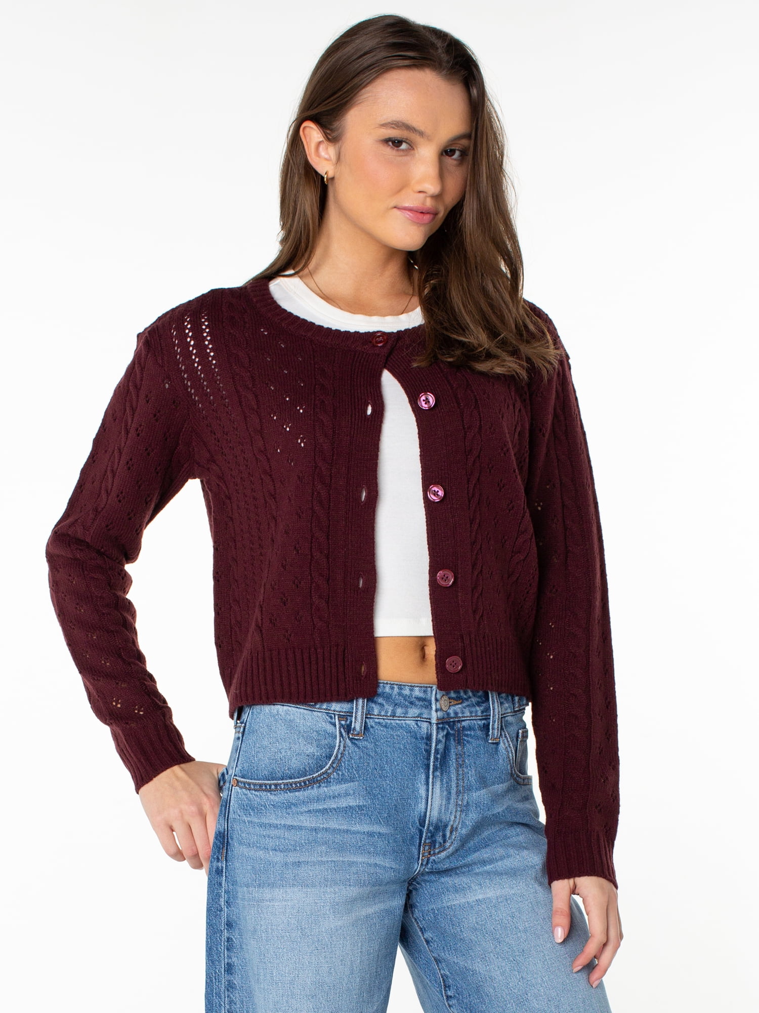 Celebrity Pink Women's Pointelle Crew Neck Cardigan Sweater, Sizes XS-4X