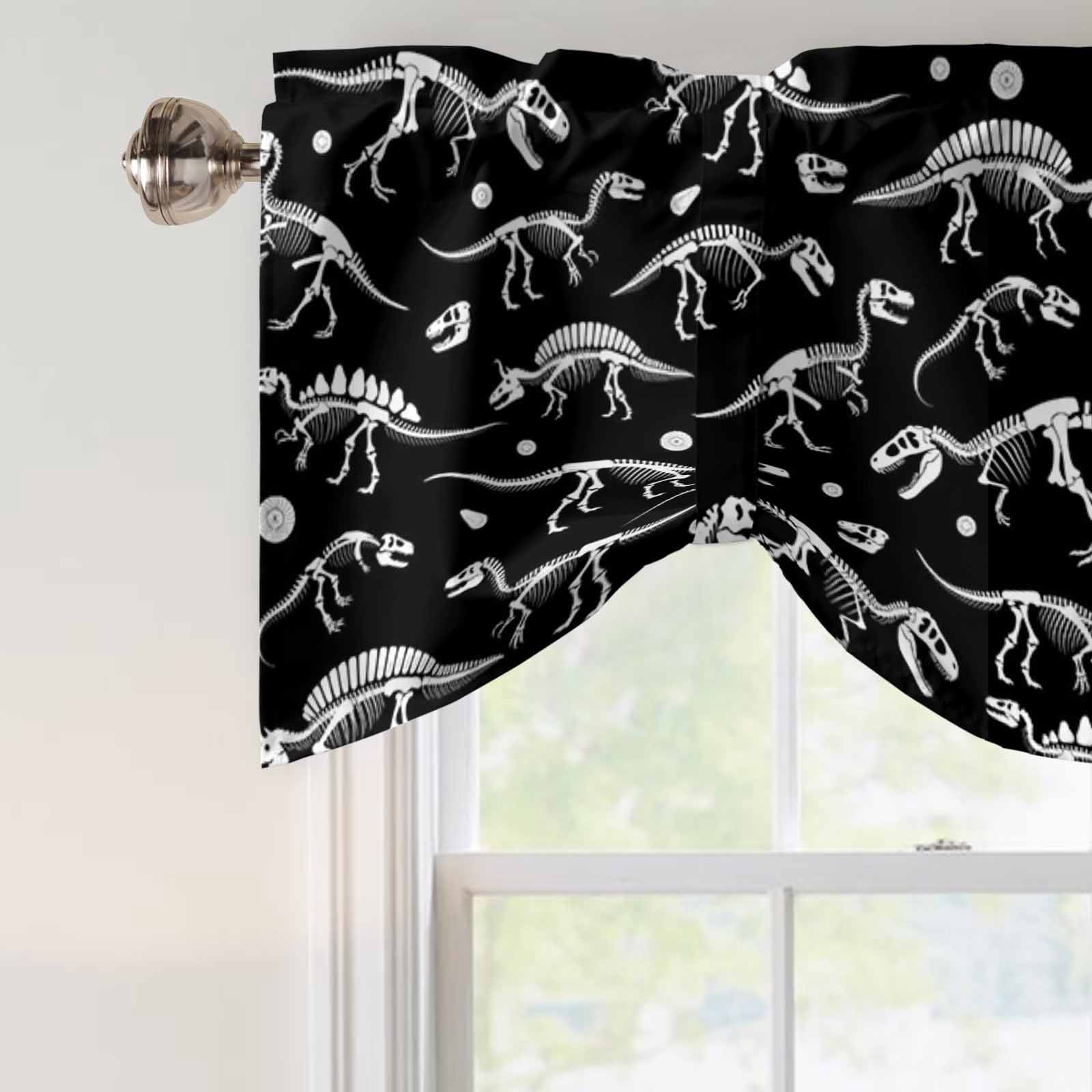 Tie Up Valance Halloween Dinosaur Black Valances for Windows Funny Dino Skull Boys Girls Children Balloon Shade Valance Window Treatment Short Curtain Valances for Living Room Kitchen Bedroom 60"x18"