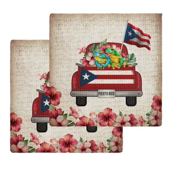 Puerto Rican Flag Kitchen Dish Towels for Drying Dishes Set of 2, Vintage Country Truck Flowers Beige Waffle Weave Microfiber Hand Tea Bathroom Towels Quick Dry & Absorbent Towel 12x12