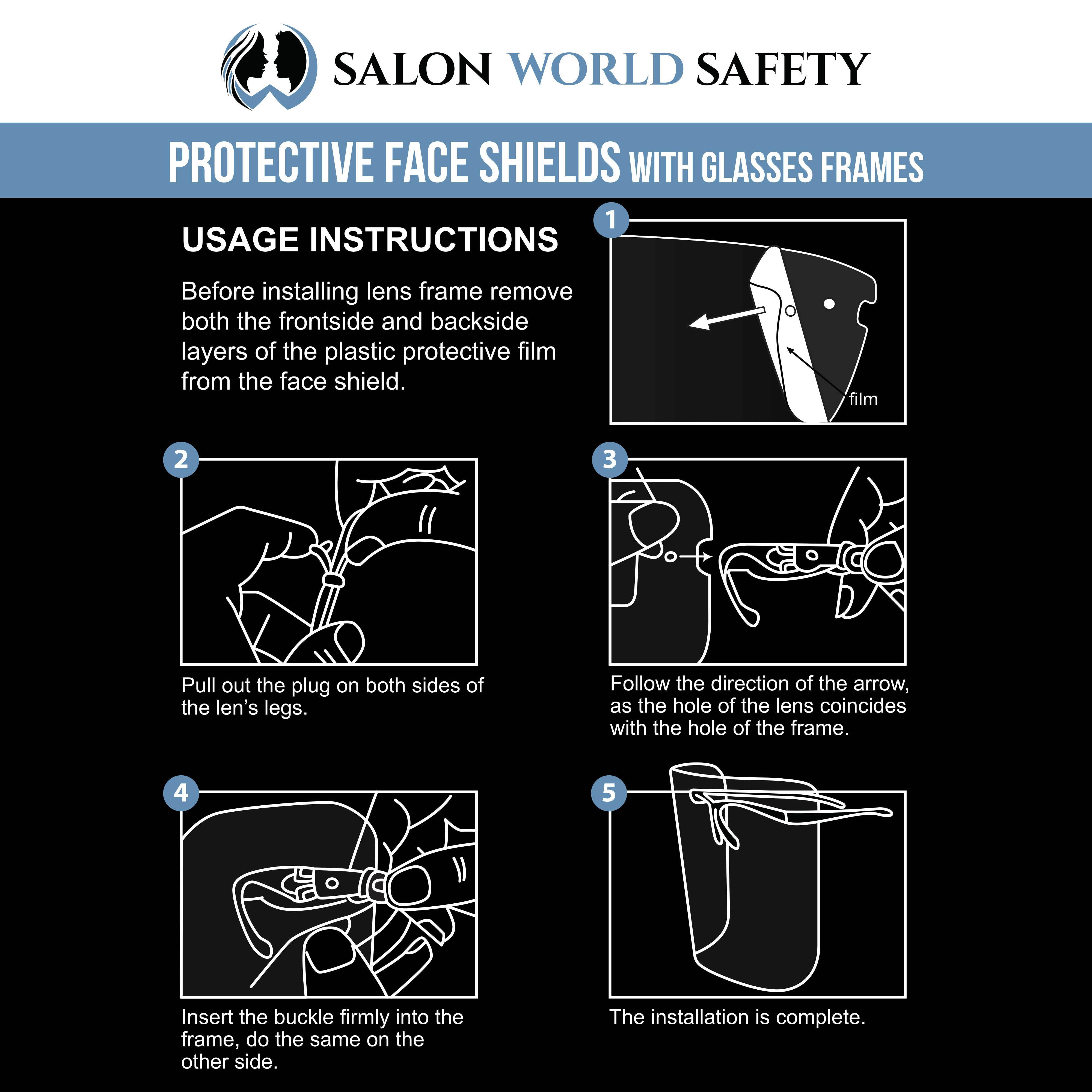 Salon World Safety Face Shields with Black Glasses Frames (20 Packs of 10) - Ultra Clear Protective Full Face Shields to Protect Eyes, Nose, Mouth - Anti-Fog PET Plastic, Goggles