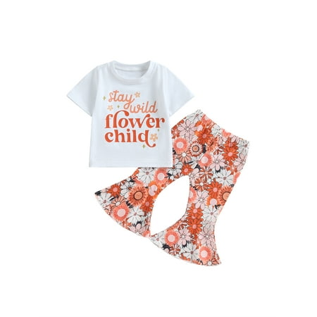 

Toddler Bell Bottoms Outfit for Girls Stay Wild Flower Child Tshirt Floral Flared Leggings Pants Baby Kids Summer Clothes