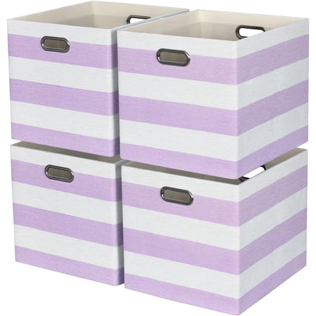 13x15x13 Storage Cube Bins, Foldable Storage Cubes, Fabric Organizer Basket Bin, Striped Containers Decorative Storage Boxes for Shelves Wardrobe Closet Home Office, 4 Pack, Purple/White