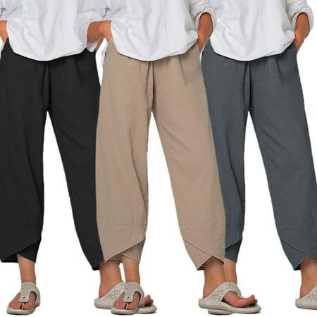 

Taluosi Women Solid Color Pocket Irregular Hem Loose Cropped Pants Cotton Linen Trousers