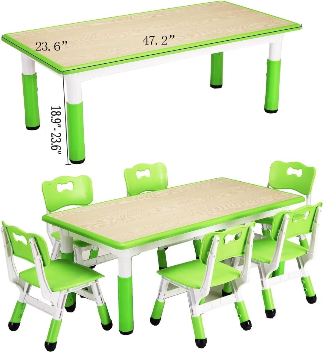 Kids Table and 6 Chairs Set, Height Adjustable Toddler Table and Chair Set for Ages 2-10, Children Multi-Activity Table