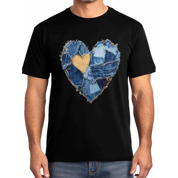 Camisetas de manga corta con parches azules y amarillos para hombre, camisetas de cuello redondo con corazón de vaquero para hombre