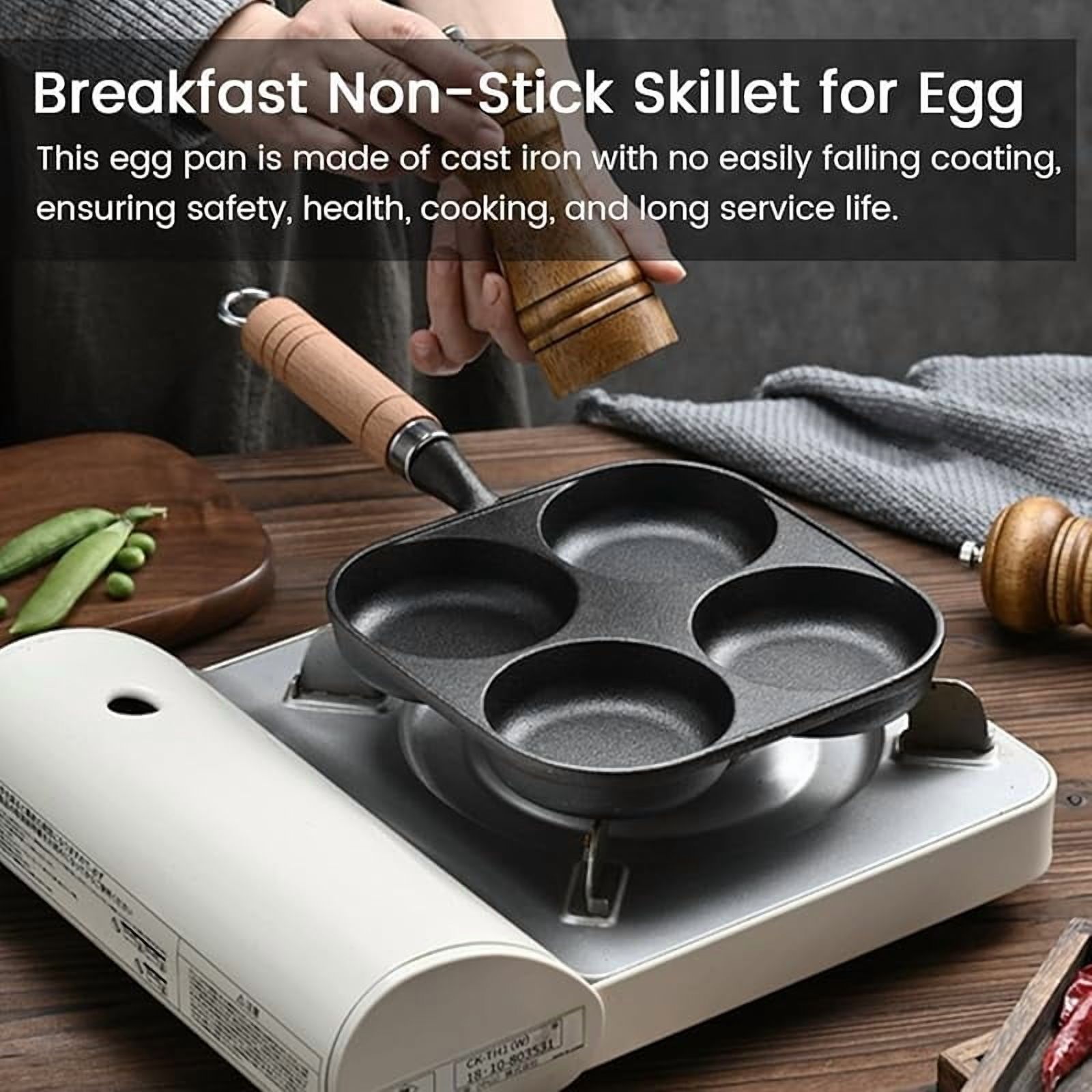 4 Cup Cast Iron Egg Frying Pan,Household Cast Iron Fried Egg Pan with Wooden Handle,Egg Burger Omelette Pot Pancake Pot Cooker Griddle,Breakfast Non-Stick Skillet for Egg,Kitchen Cooking Tool (Black)