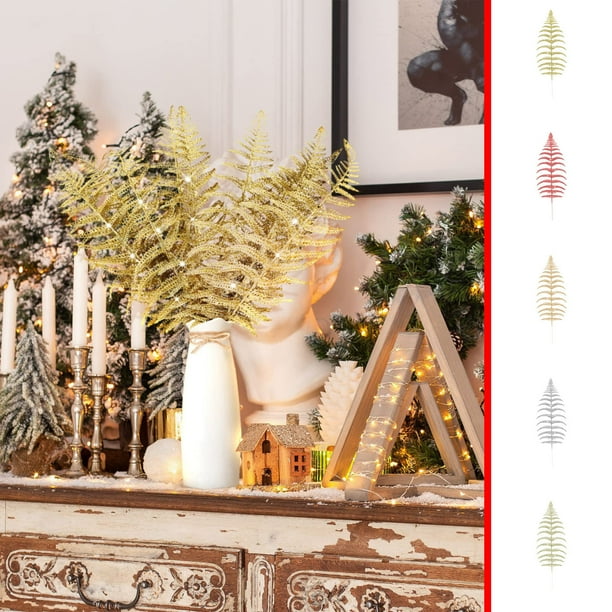 Fiudx Spray de Hojas con Purpurina, Diseño de Helecho Brillante, Elegante Estructura Bifurcada, Perfecto para Bodas, Fiestas Navideñas y Decoración Del Hogar. Juego de 12 Piezas, Tamaño 43 X 14 X 0,5