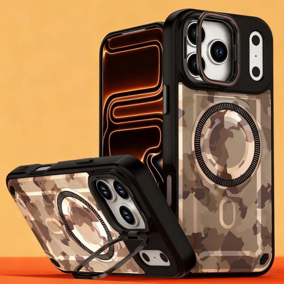For iPhone 17 Pro Phone Case,With Contractile Lens Ring Kickstand,Compatible with Mag-Safe,Heavy Duty Shockproof Anti-fall Drop Protection,Camouflage Pattern Back,Durable Phone Case,C
