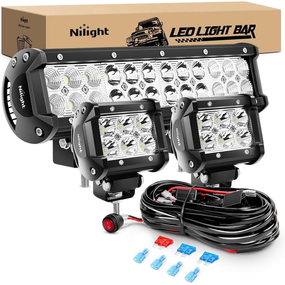 Nilight 12" 72W LED Light Bar Spot Flood Combo with 2PCS 4" 18W Flood Pods and Off-Road Wiring Harness Kit
