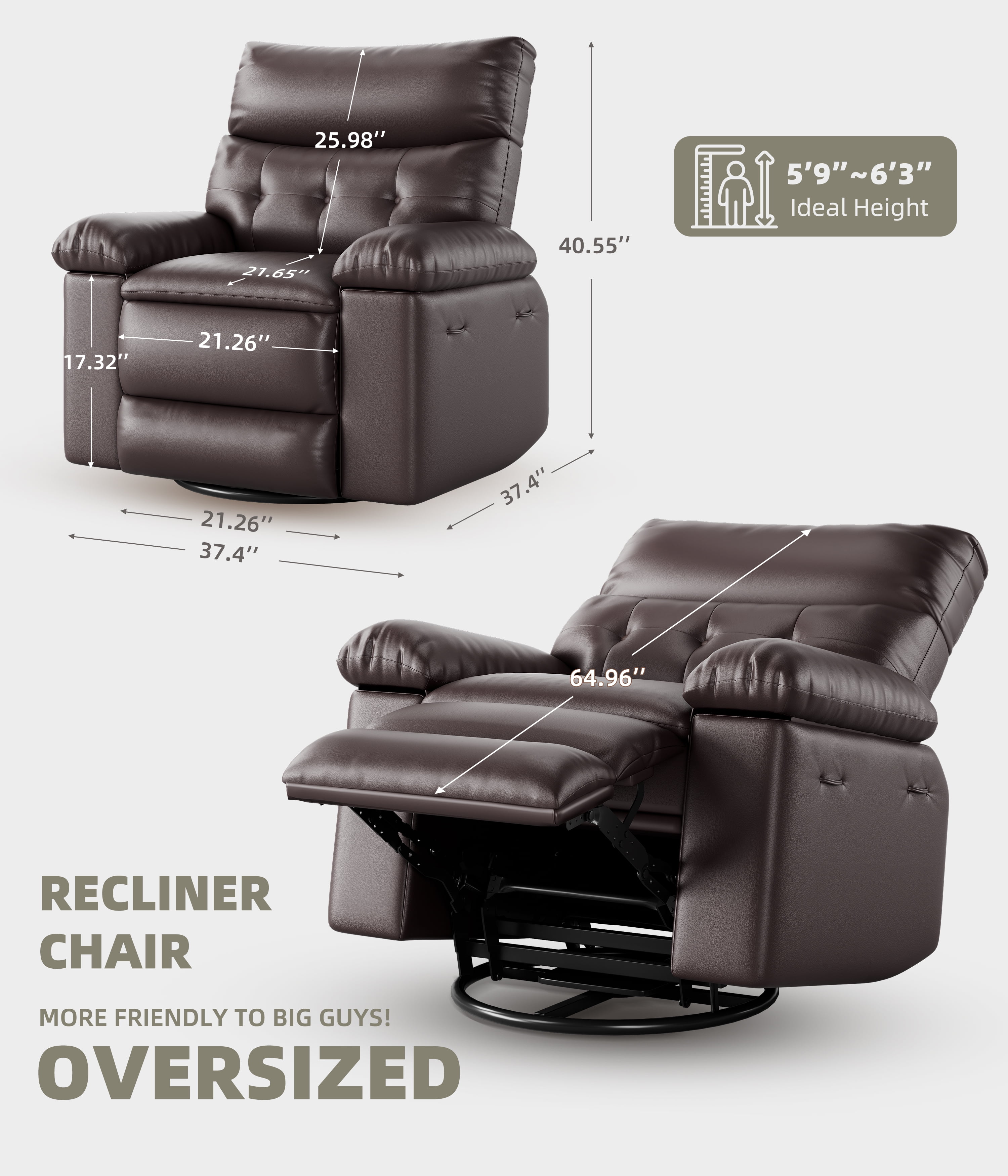 Manual Recliner Swivel Chair with Side Pocket, PU Leather Living Room Recliner, Space-Saving Single Sofa for Bedroom, Nursery & RV