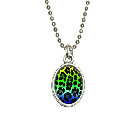 Engraved Leopard - Leopard Spots Animal Print Rainbow Oval Charm Pendant