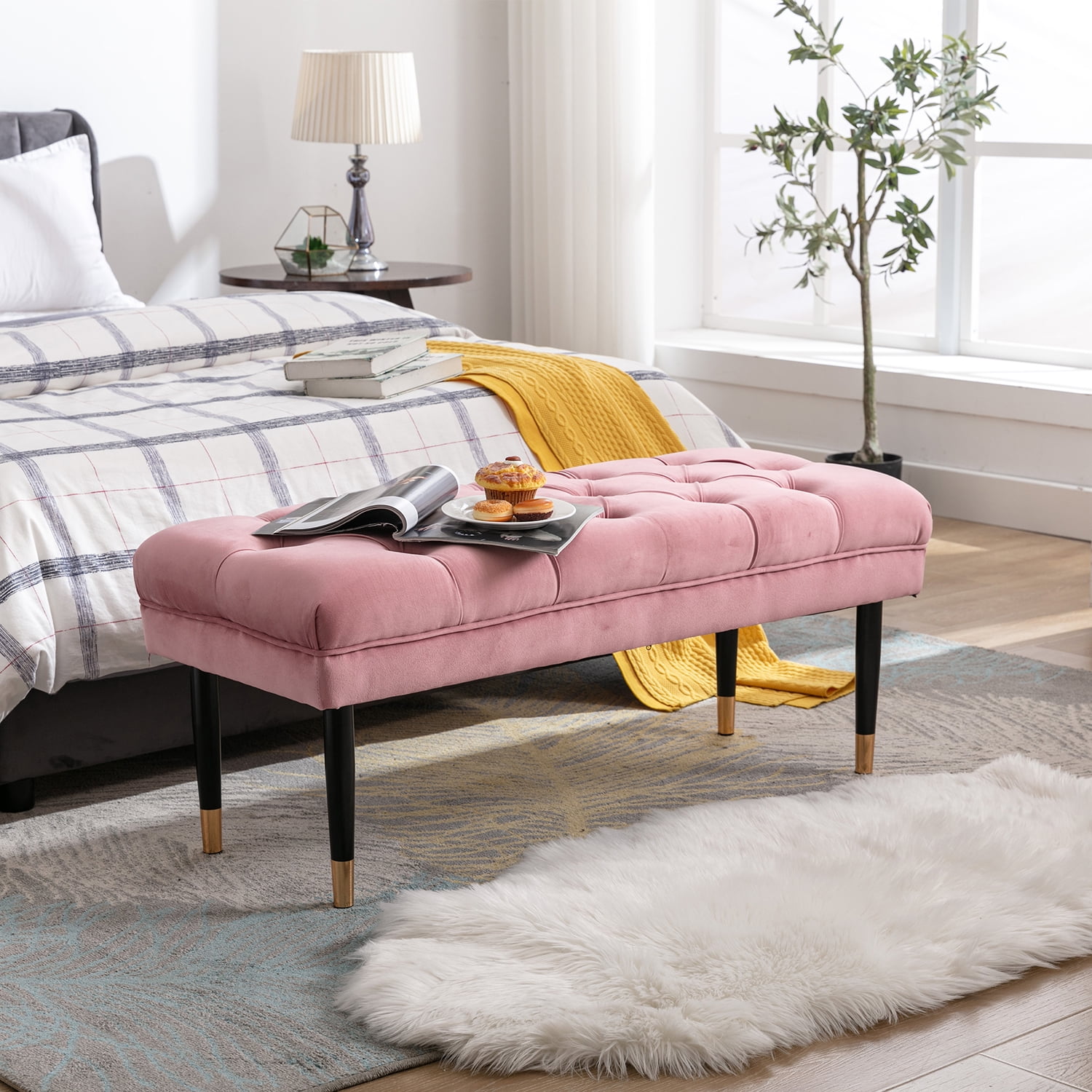 Kadyn Fabric Bench, Modern Velvet Button Ottoman for Living Room Entryway, Upholstered Bench with Metal Legs, Pink Kadyn Fabric Bench, Modern Velvet Button Ottoman for Living Room Entryway, Upholstered Bench with Metal Legs, Pink