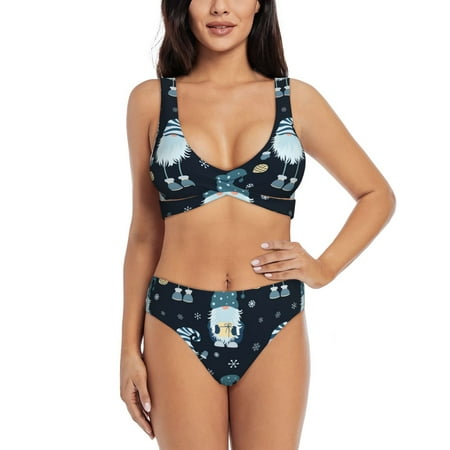 Zeuib Gnome and Snowflakes High Waisted Tummy Control Bikini Set - Knot Front Push Up Top & Cheeky Thong Bottom  Two-Piece Swimsuit for Women-Small
