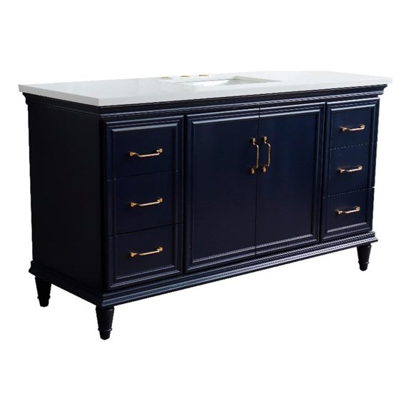 61 in. Single Wooden Vanity  Blue White Quartz Rectangle Sink