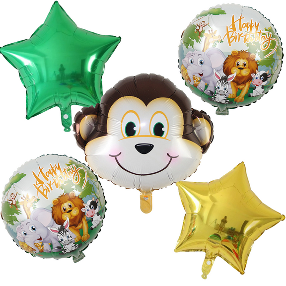 Jungle Animals Monkey Face Foil Balloon Birthday Party Set Green Gold Balloons