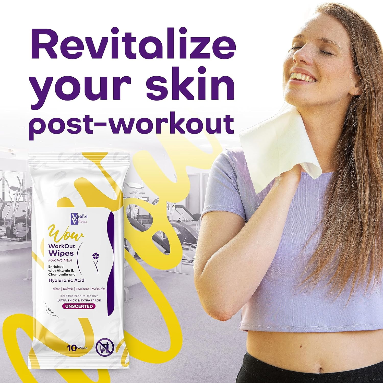 Violet Vibes Rinse-Free Body Wipes for Women, XL Post Workout Wipes, Aloe Scent, Moisturizing Shower Wipe, 20 count, 2 pack