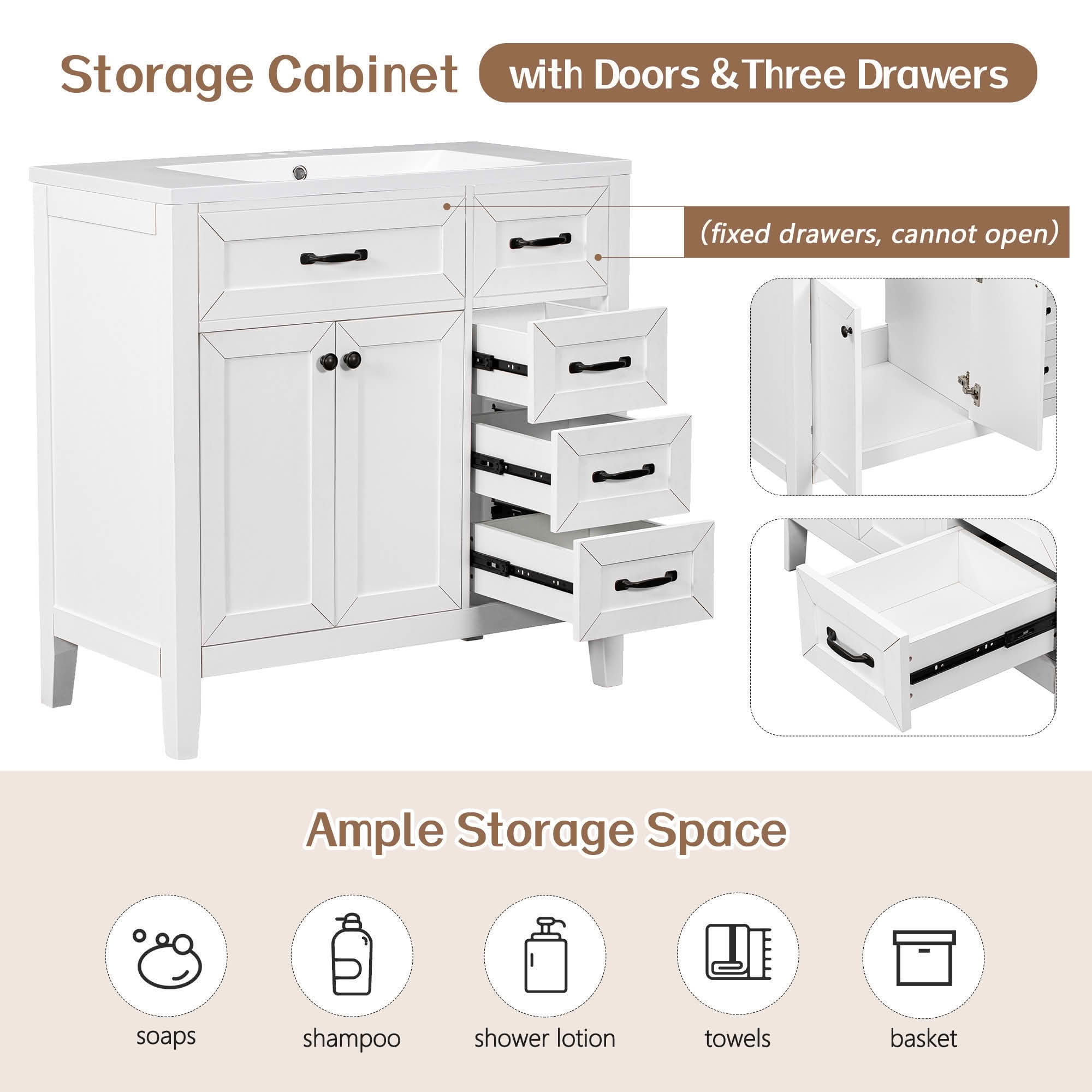 MAYEERTY 36" Bathroom Vanity without Sink Cabinet Base Solid Frame MDF Drawers White