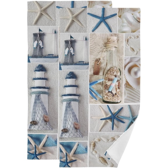 Blue White Nautical Hand Towels for Bathroom Set of 2 Soft Absorbent Beach Theme Starfish Coastal Lighthouse Kitchen Towel,Decorative Bathroom Towels for Bath Guest Shower Face Hair 14"x28"