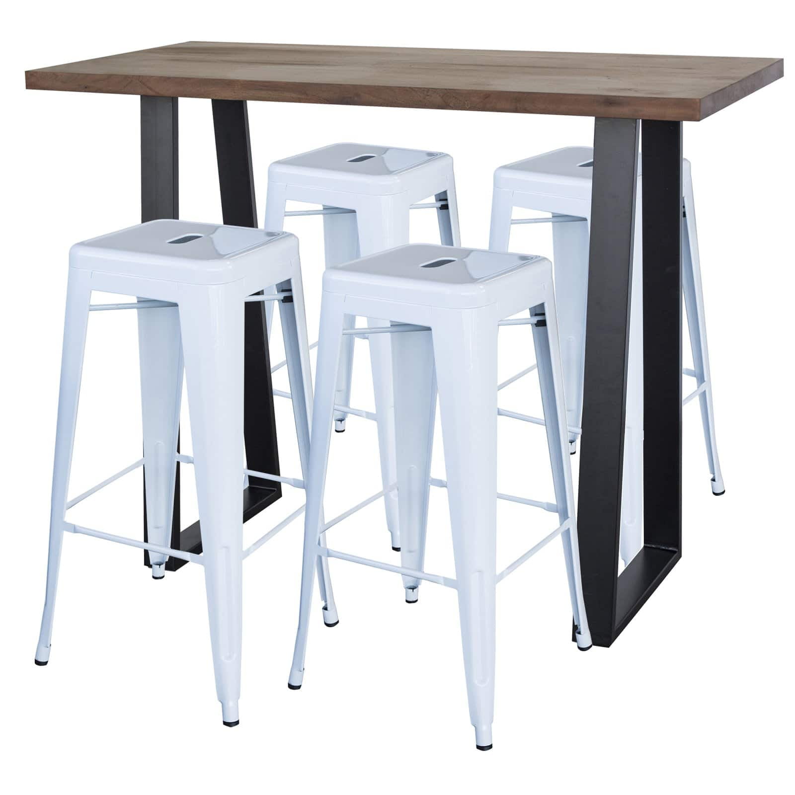 AmeriHome Acacia Wood Top Bar Table with 4 White Finish Metal Backless