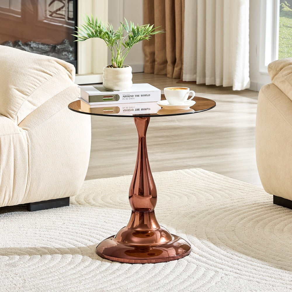19.6" Round Side Table, Amber Tempered Glass Top with Rose Gold Metal Base, Modern End Table, Nightstand, Sofa Table for Living Room Bedroom