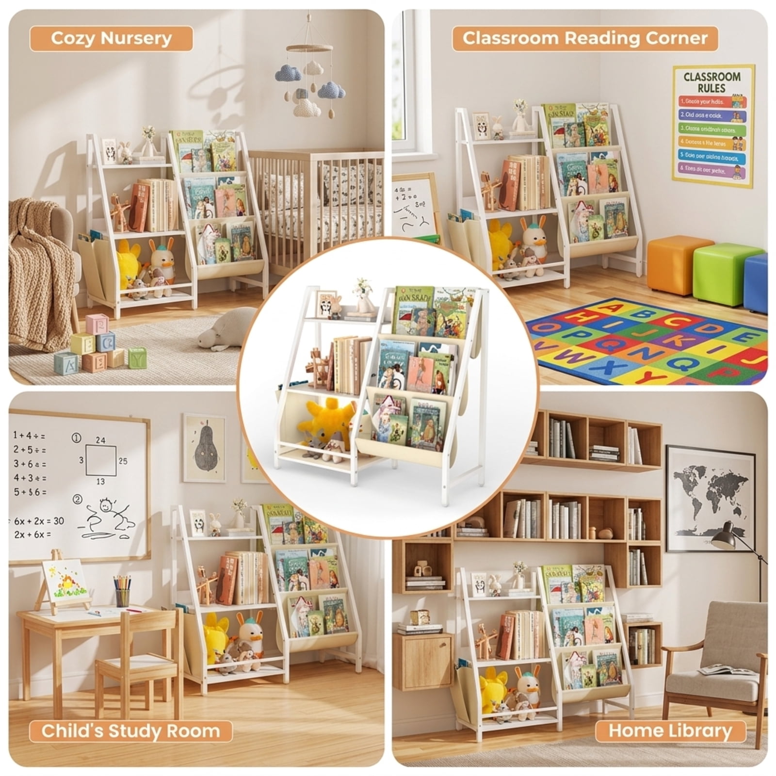 Fenbeli 3-Tier Kids Bookshelf and Toy Storage, White Bookcase with Display Compartments Side Pockets and Anti-Tip Strap, Organizer for Nursery Bedroom and Playroom