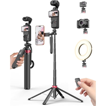 Compatible for 67" Magnetic Phone Tripod w/Remote, 11.7" Folded, 0.9lb Portable Selfie Stick for Vlogging, Camera, Fill Light