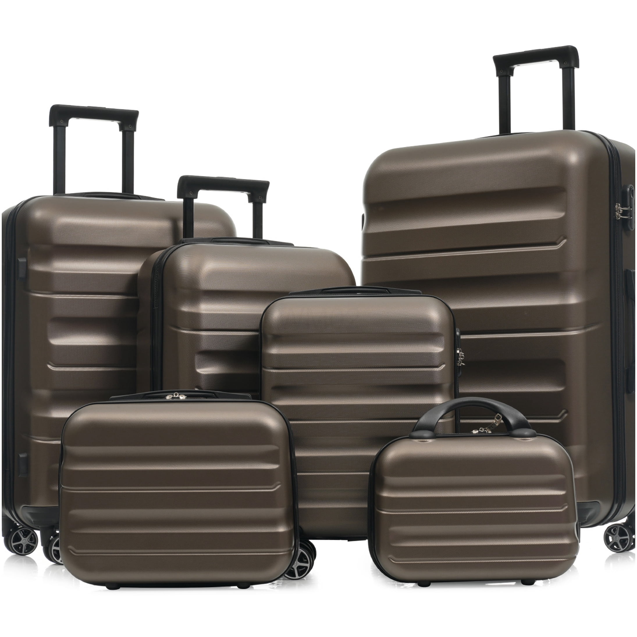 6-Piece ABS Hardshell Luggage Set with Spinner Wheels, Lightweight & Durable Suitcases for Air Travel, Brown