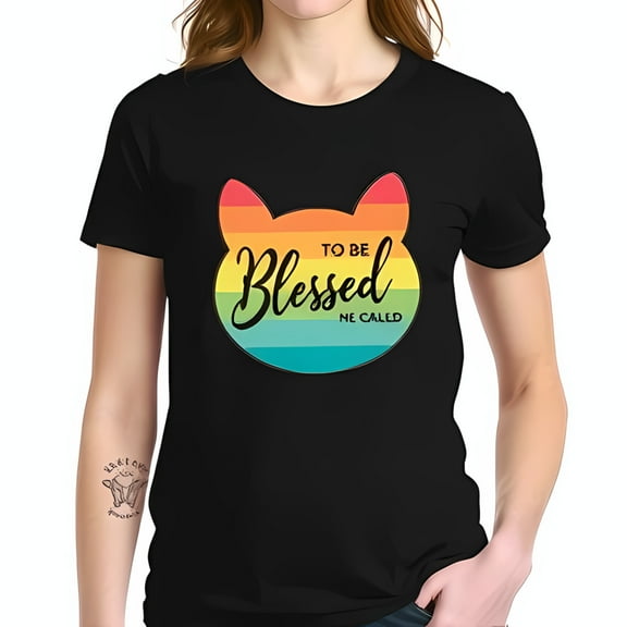 Stylish Cotton Short Sleeve T-Shirt with Colorful Cat & " TO BE Blessed " Text - Trendy Graphic Tee