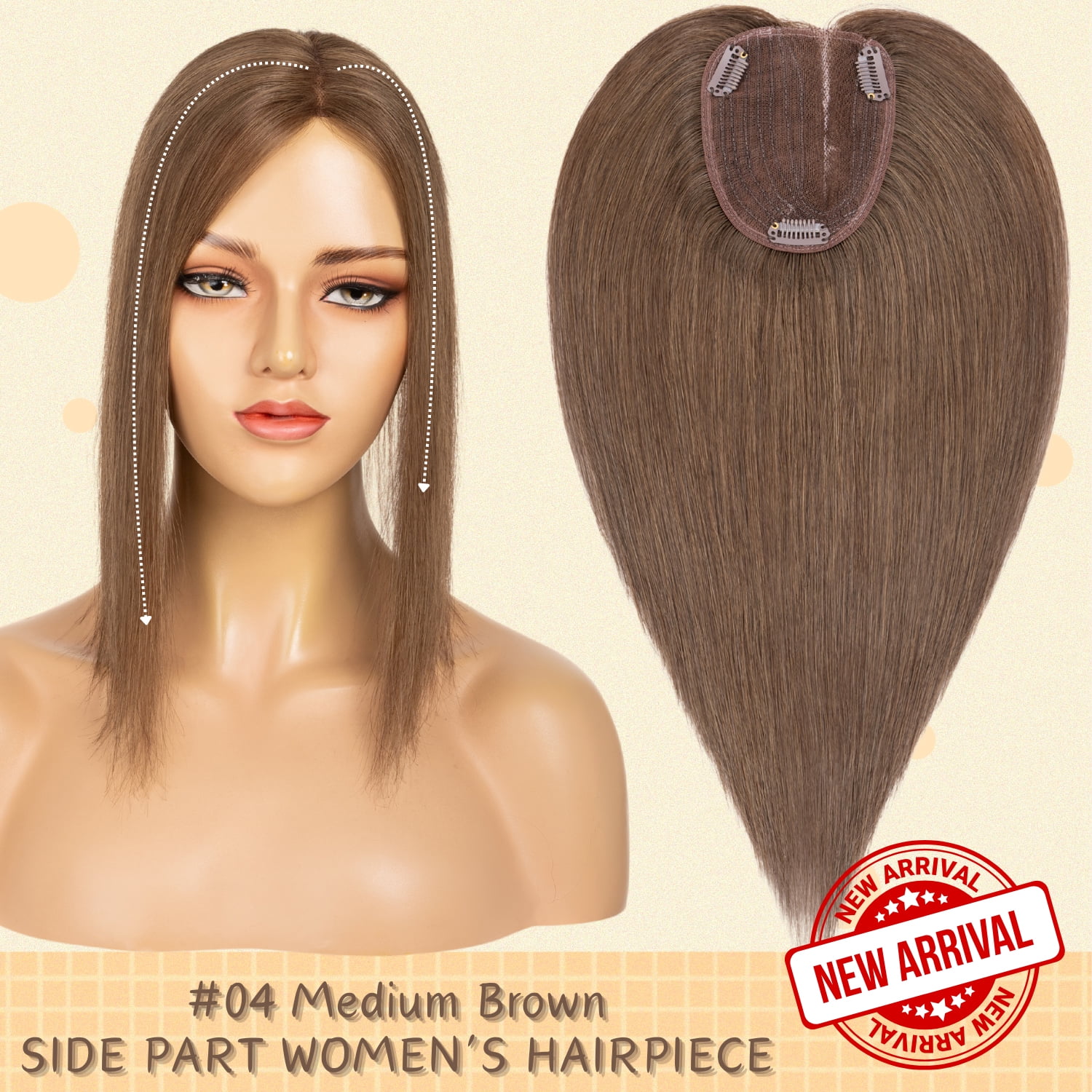 Benehair 10*12cm Side Part Clip In Hairpiece 100% Remy Real Human Hair Topper Hair Piece Wigs Handtied Lace Base For Woman Thin Hair Loss Top Piece Brown 10inch