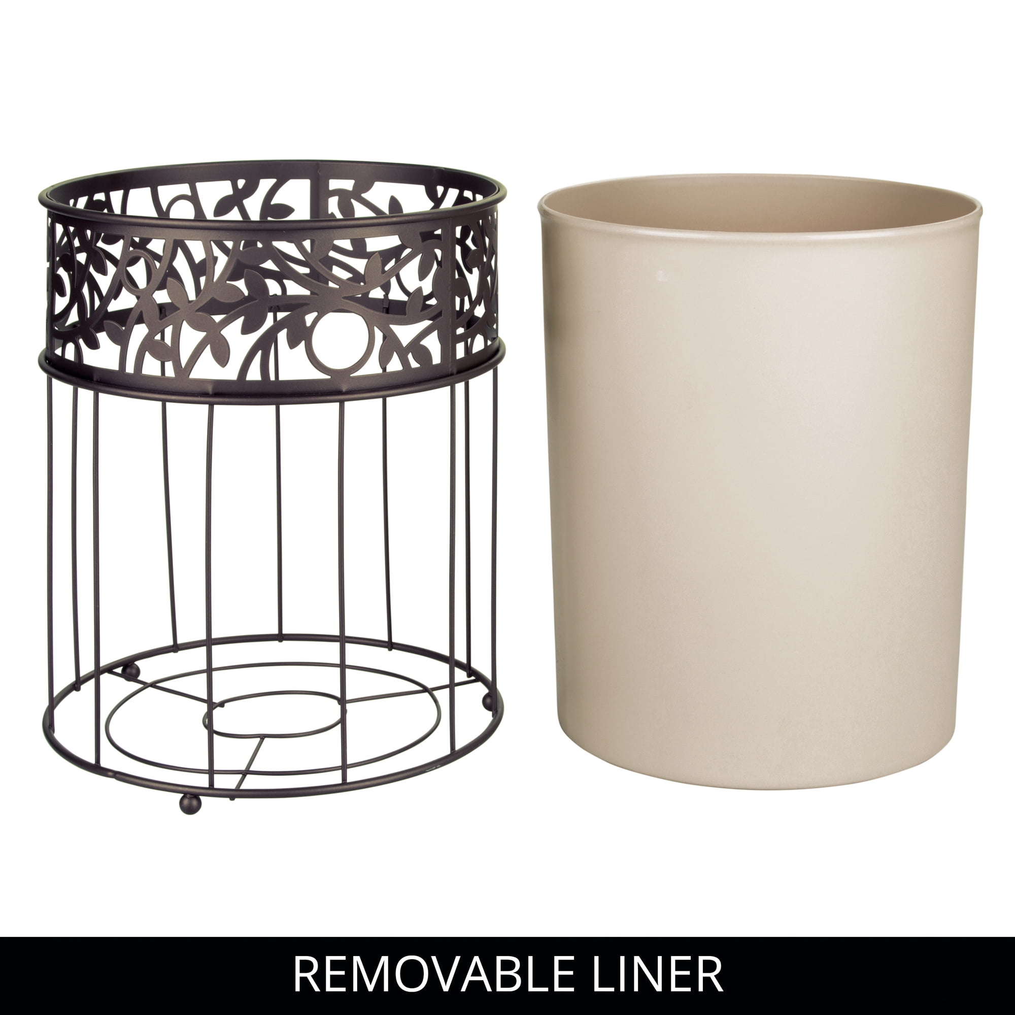 iDesign Vine Bathroom Trash Can, 1.8 Gallon Decorative Steel Open Top Garbage Bin, Vanilla (Cream)/Bronze