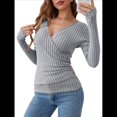 thumbnail image 3 of Camisas de Larga para Mujer, Cuello en V, Punto Acanalado, Corte Ajustado, Suéter con Botones, Blusa Informal de Trabajo para Otoño. Gris M, 3 of 10