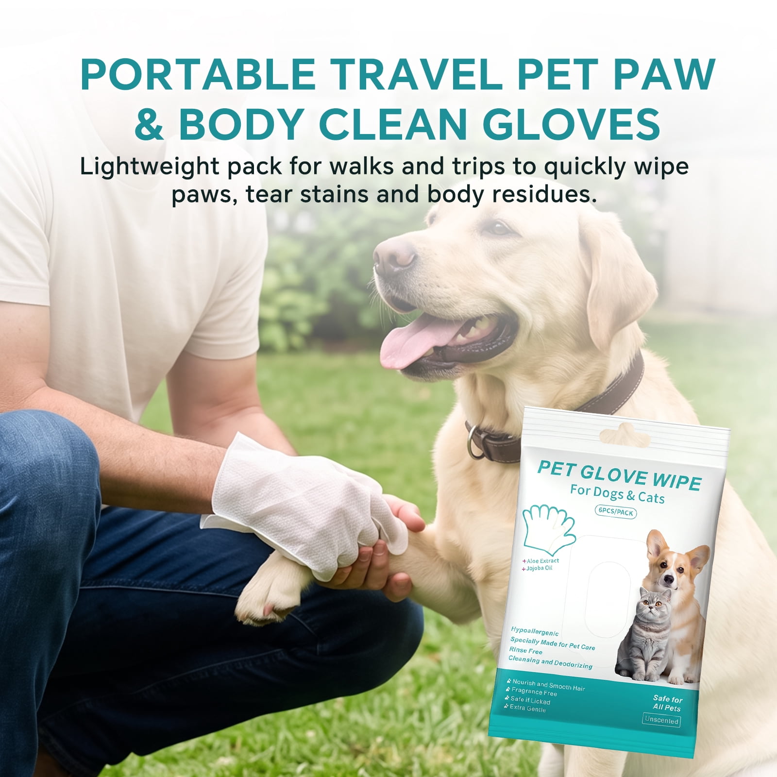 6PCS Pet Glove Wipes for Dogs & Cats, Dog Cat Washing Cleaning Gloves, Dog Grooming Bath Gloves for Daily Care and Traveling, Rinse Free, 1 Bag