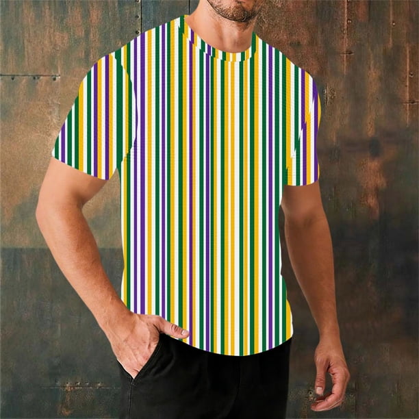 Ceisia Men's Mardi Gras Stripe T-shirt Loose Fit Short Sleeve Round Neck Purple Green Yellow Festival Tee Tops Purple M Gifts