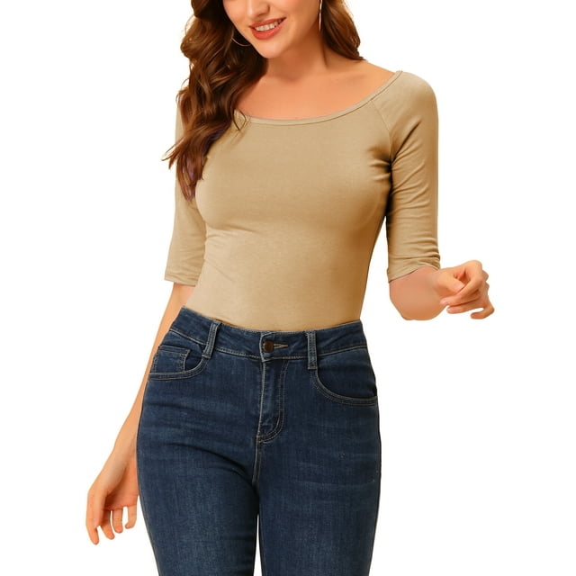 INSPIRE CHIC Camisetas de Cuello Barco para Mujeres de Manga Corta Ajustadas Suaves T-Shirt 3XL Beige