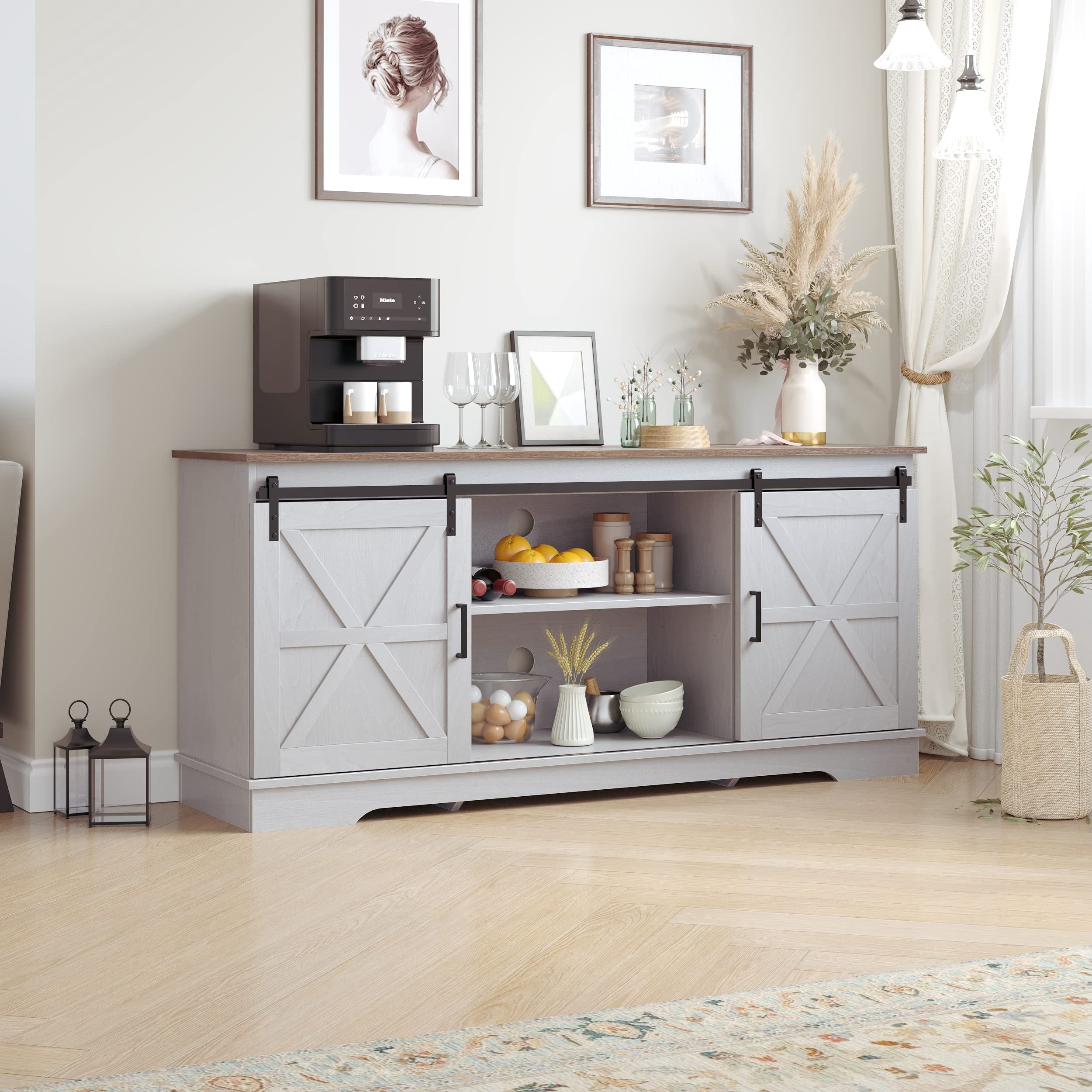 DEXTRUS Buffet Cabinet, 59" Farmhouse Coffee Bar Sideboard Storage Cabinet with Sliding Barn Doors for Kitchen, Living Room
